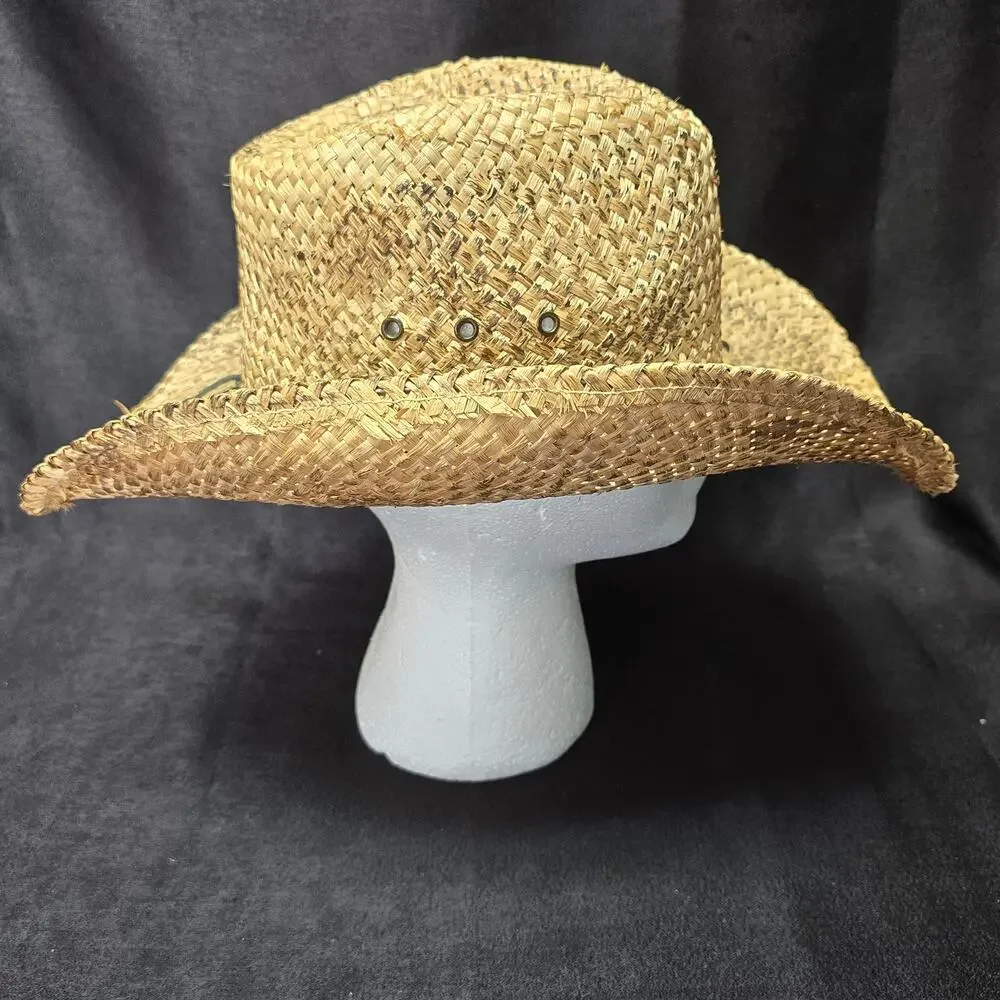 Bio Domes Headgear Tan Straw Wide Brim Cowboy Hat Beaded Country Decor One Size